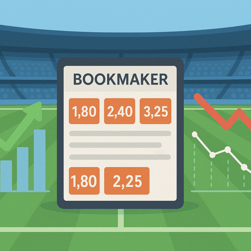 Value Bet Schedina da scommesse al centro di un campo da calcio con grafici statistici e frecce rosse e verdi a rappresentare l’andamento delle quote.