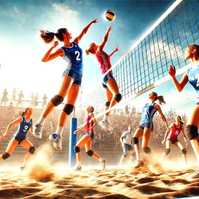Partita di volley femminile e maschile tra due squadre miste su un campo all'aperto. I giocatori, con divise rosse e blu, sono ripresi in azioni dinamiche come salti, blocchi e schiacciate. Il cielo è azzurro e il pubblico fa il tifo in sottofondo.