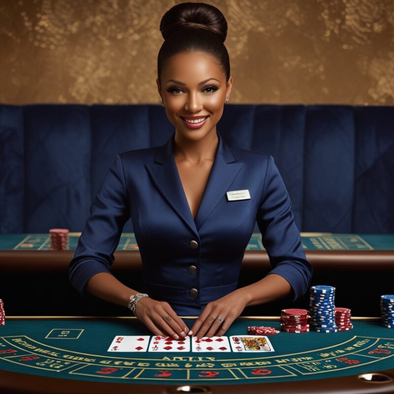 Donna sorridente in giacca blu, seduta a un tavolo da poker in un elegante casinò, con carte da gioco e fiches colorate davanti a sé