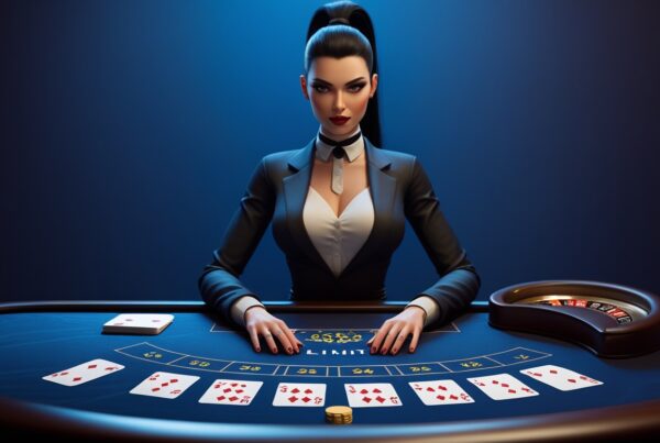 Un'immagine di una scena di casinò con una croupier in abbigliamento formale seduta dietro un tavolo da gioco con panno blu. Sul tavolo di blackjaco online sono disposti carte da gioco, fiches gialle e una roulette, il tutto evidenziato da uno sfondo blu drammatico che sottolinea l'atmosfera lussuosa del casinò.