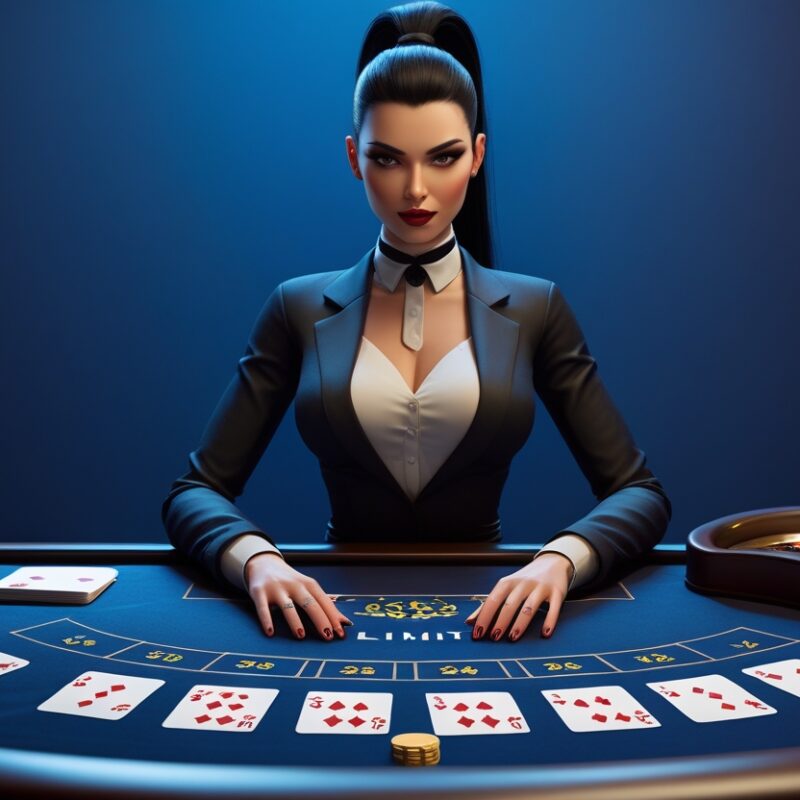 Un'immagine di una scena di casinò con una croupier in abbigliamento formale seduta dietro un tavolo da gioco con panno blu. Sul tavolo di blackjaco online sono disposti carte da gioco, fiches gialle e una roulette, il tutto evidenziato da uno sfondo blu drammatico che sottolinea l'atmosfera lussuosa del casinò.