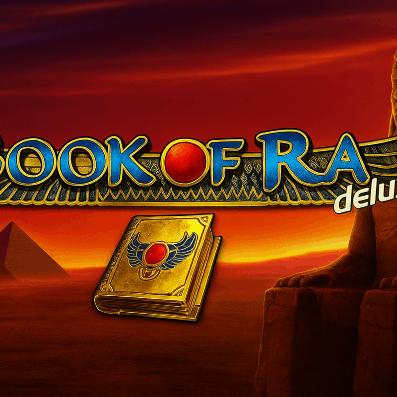 Logo della slot Book of Ra Deluxe con sfondo egiziano, piramidi e statua del faraone al tramonto
