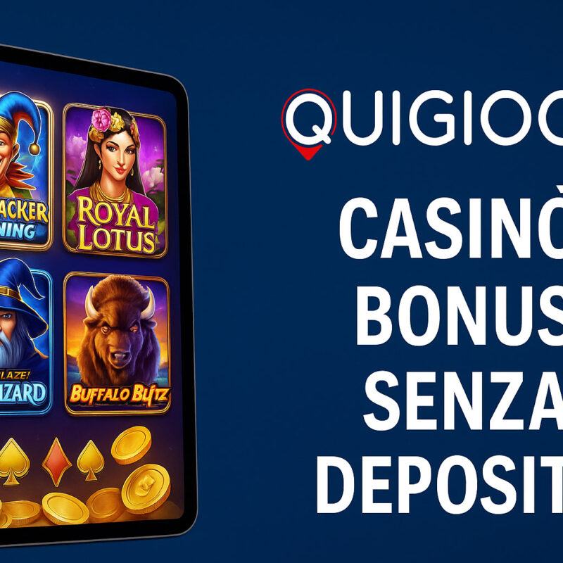Tablet con anteprima di giochi da casinò online e promozione ‘Casinò Bonus Senza Deposito’ con logo Quigioco su sfondo blu