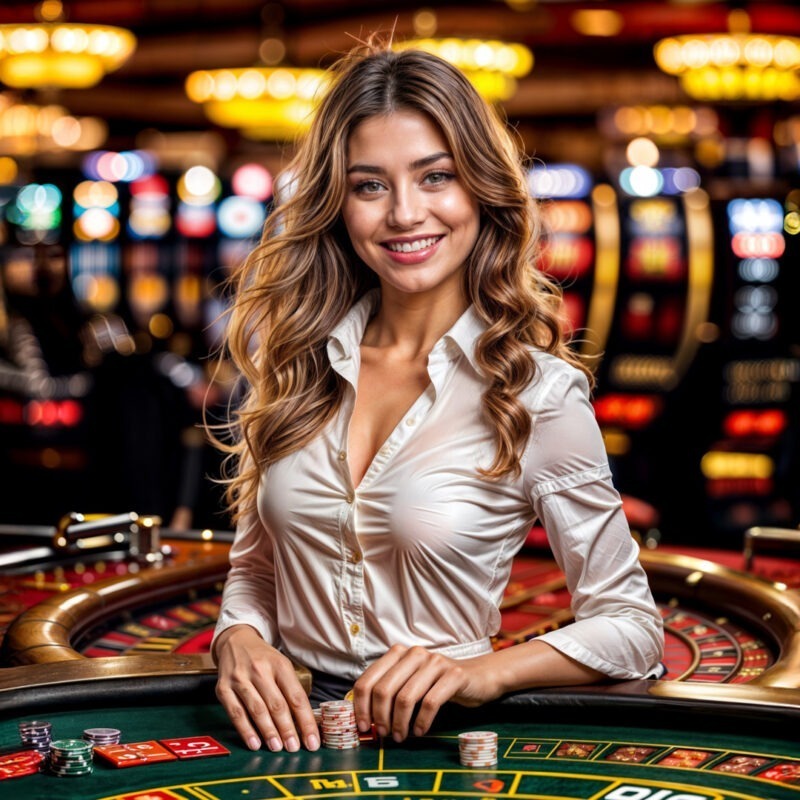 Croupier sorridente in un casinò dal vivo, davanti a un tavolo da roulette con fiches, illuminazione brillante e slot machine sullo sfondo