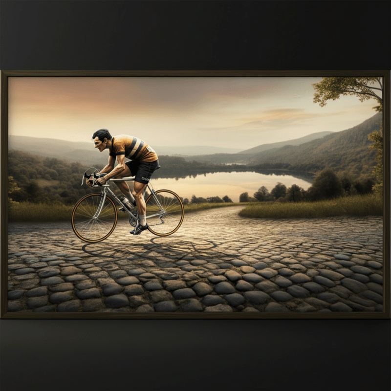 Ciclista solitario in azione su strada iconica del ciclismo.