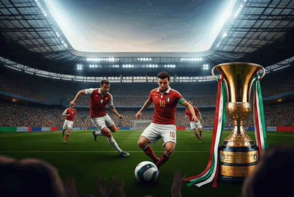 Una partita di calcio durante la Coppa Italia in uno stadio italiano, con giocatori in azione e tifosi entusiasti sugli spalti