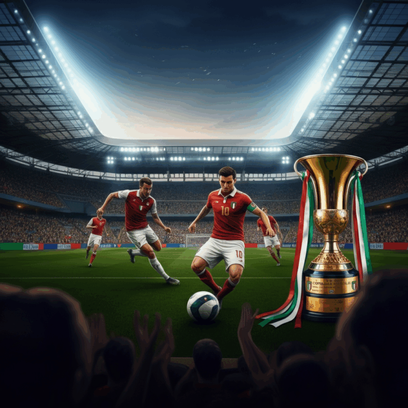 Una partita di calcio durante la Coppa Italia in uno stadio italiano, con giocatori in azione e tifosi entusiasti sugli spalti