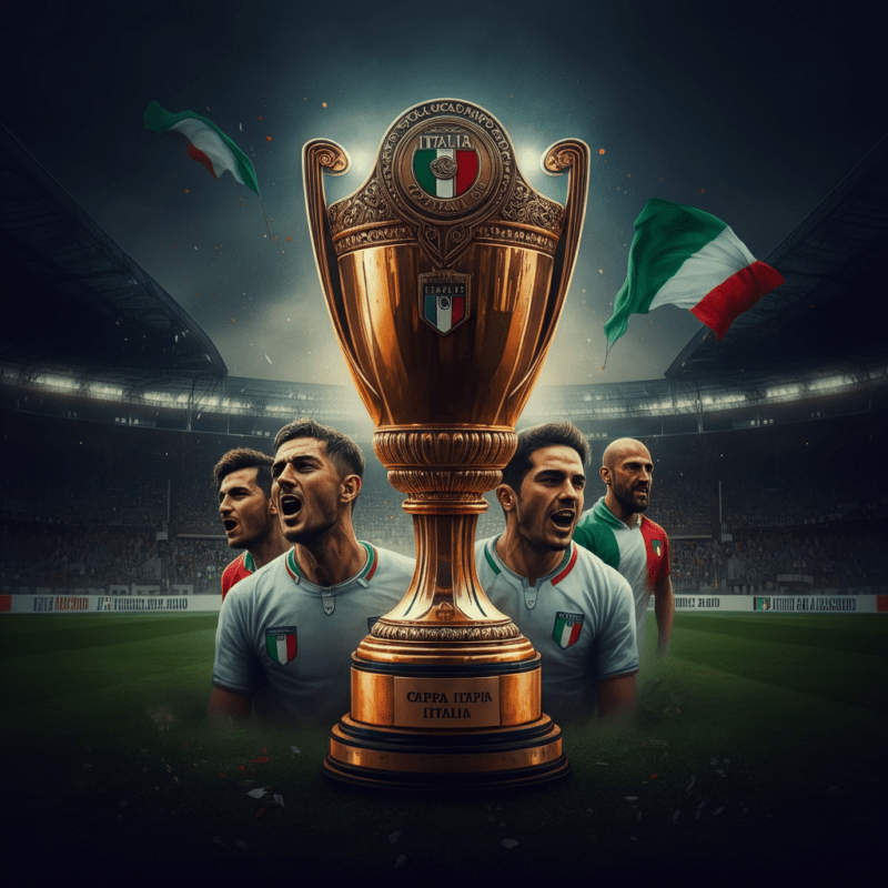 Il trofeo della Coppa Italia al centro di un'immagine, circondato da un campo da calcio, bandiere italiane e tifosi che celebrano in festa.