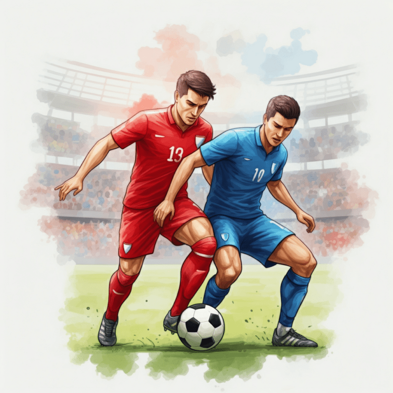 Due giocatori di calcio rivali durante i Derby in stile acquarello, uno in maglia rossa e l'altro in blu, che si sfidano per il pallone.