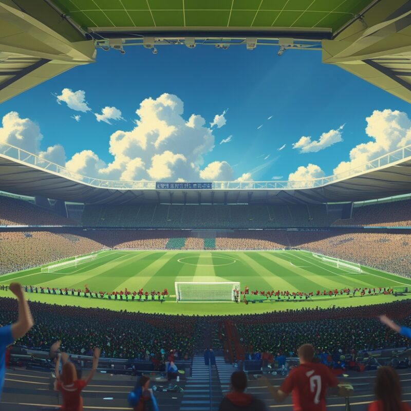 Stadio di calcio gremito di tifosi entusiasti con giocatori in campo e un cielo limpido, celebrando le squadre più tifate al mondo nel 2025.