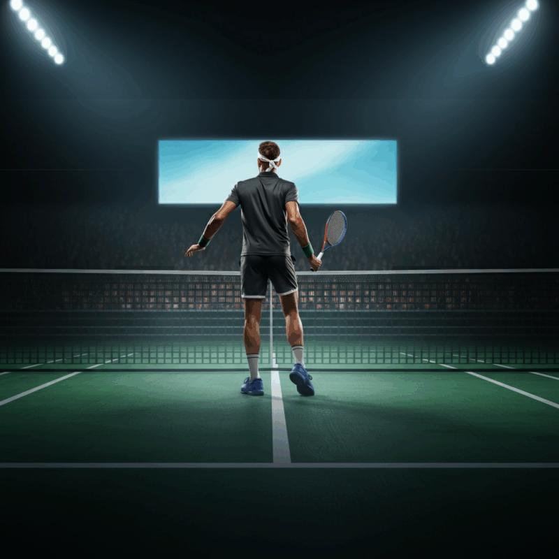Giocatore di tennis visto di spalle su un campo, ispirato dalla preparazione dei migliori tennisti italiani