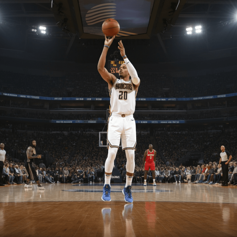 Un giocatore NBA effettua un passaggio durante una partita. Indossa una divisa moderna e appare concentrato, con un'arena piena di tifosi sullo sfondo illuminato.