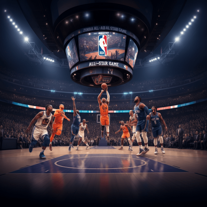 Giocatori NBA in azione al centro di un campo illuminato, circondati da un pubblico entusiasta durante l'All-Star Game.