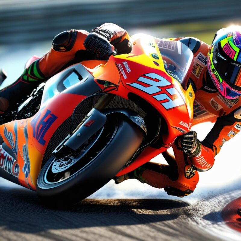 MotoGP in azione, un pilota italiano affronta una curva in gara con precisione, rappresentando i campioni italiani delle due ruote.