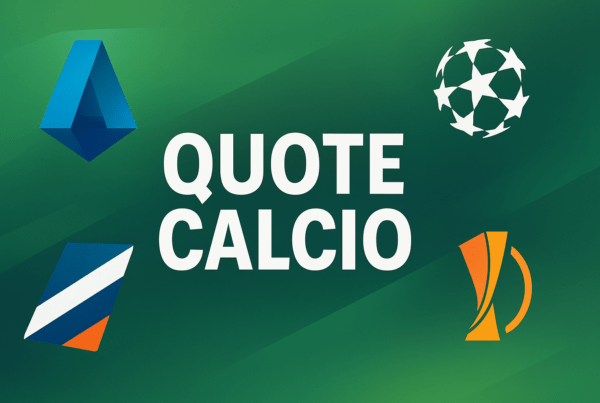 Grafica digitale con la scritta "QUOTE CALCIO" su sfondo verde e loghi stilizzati dei principali campionati e coppe europee.