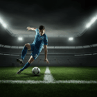 Giocatore in azione su un campo da calcio illuminato di notte, con il logo della UEFA Conference League sullo sfondo e un riferimento alle Quote Conference League.