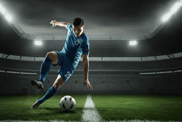 Giocatore in azione su un campo da calcio illuminato di notte, con il logo della UEFA Conference League sullo sfondo e un riferimento alle Quote Conference League.