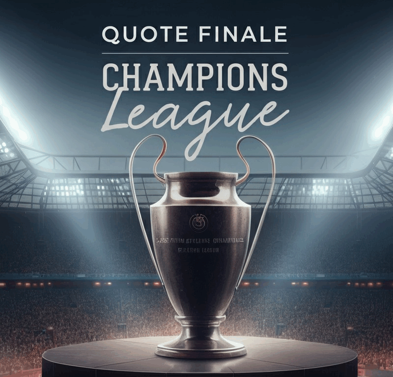 Un'immagine che mostra il trofeo della Champions League su un piedistallo, con il testo "Quote finale Champions League" in un elegante font serif, centrato sopra. Lo sfondo presenta una folla vivace nello stadio e luci brillanti, creando un'atmosfera celebrativa.