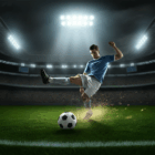 Un calciatore mentre calcia su un campo verde illuminato, simbolo dell'energia e della tensione intorno alle quote vincente conference league, con uno stadio e pubblico sfocato sullo sfondo.