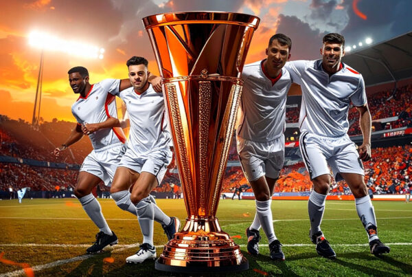 Quote Vincente Europa League Giocatori in divisa bianca che esultano accanto alla Coppa Europa League su un campo da calcio con tifosi sugli spalti al tramonto.