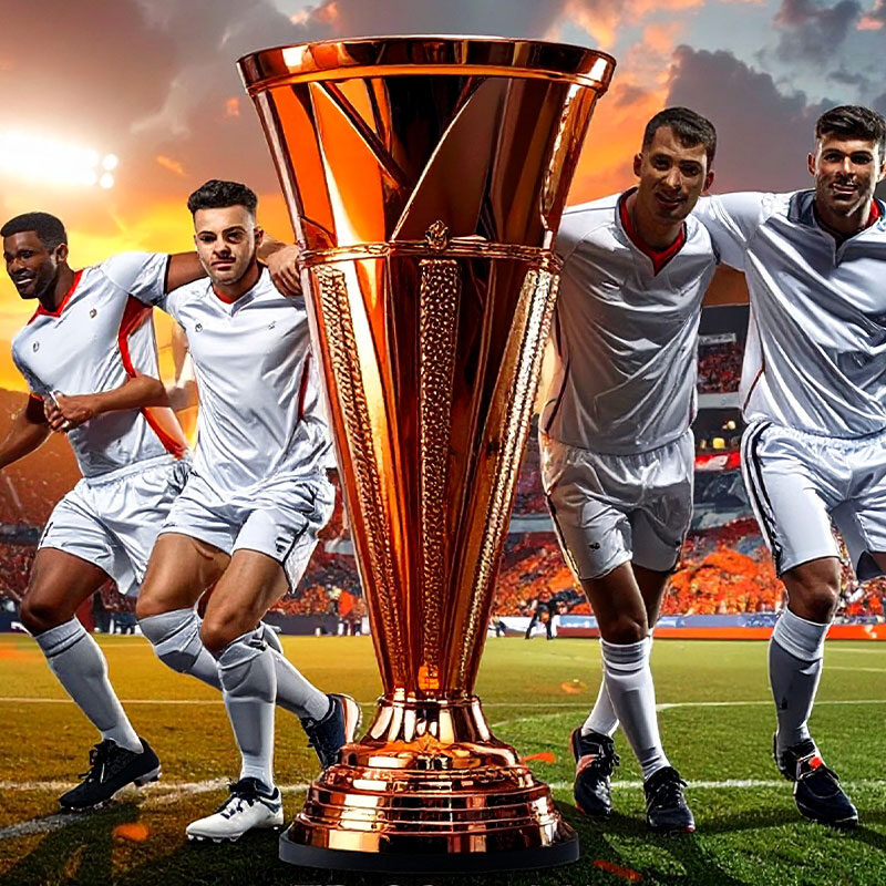 Quote Vincente Europa League Giocatori in divisa bianca che esultano accanto alla Coppa Europa League su un campo da calcio con tifosi sugli spalti al tramonto.