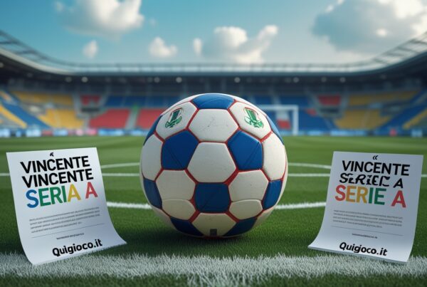 Quote Vincente Serie A in una Scena in uno stadio di calcio con un pallone al centro su un campo erboso, affiancato da due fogli inclinati con la scritta "VINCENTE SERIE A" che rappresenta le Quote Vincente Serie A