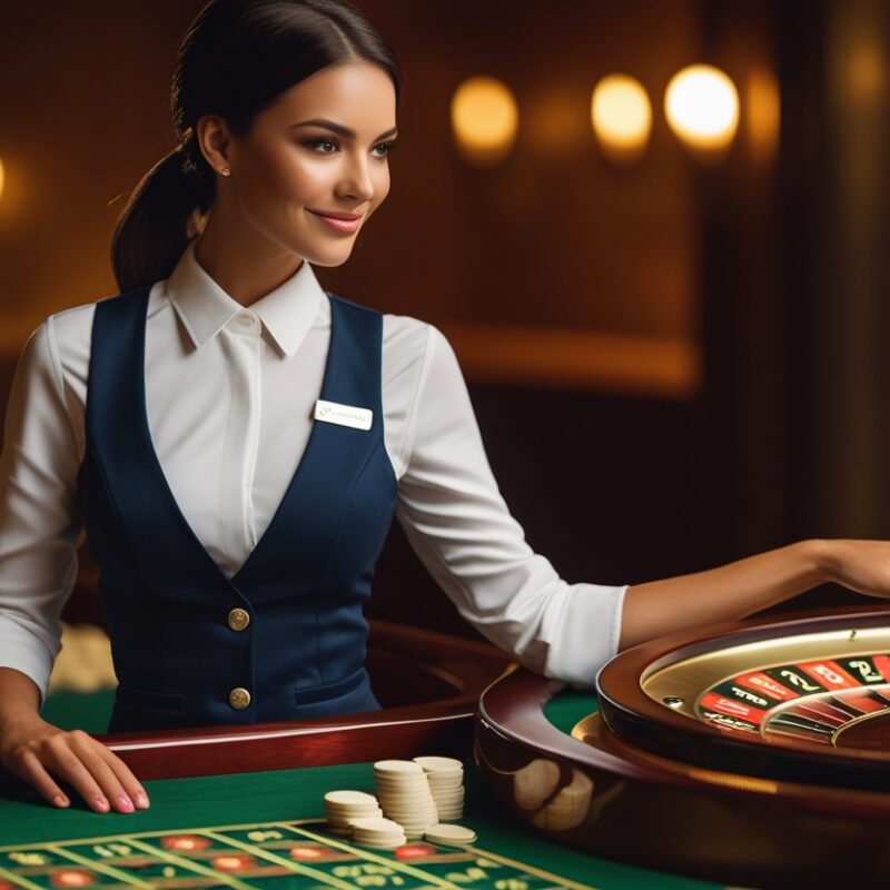 Un'immagine che raffigura una scena di roulette online con una croupier in uniforme formale, sorridente e appoggiata a un tavolo da roulette con panno verde. La ruota della roulette e pile di fiches sono in primo piano, illuminate da una calda luce che crea un'atmosfera lussuosa da casinò.