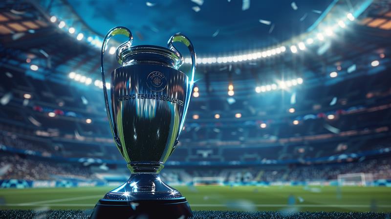 Trofeo della UEFA Champions League in uno stadio illuminato con spettatori e campo da calcio sullo sfondo