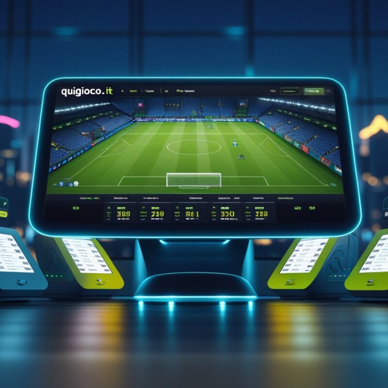 Schermo centrale con campo da calcio digitale, circondato da terminali di scommesse illuminati con neon blu e verdi, in un'ambientazione notturna urbana con sfondo di città e luci al neon.
