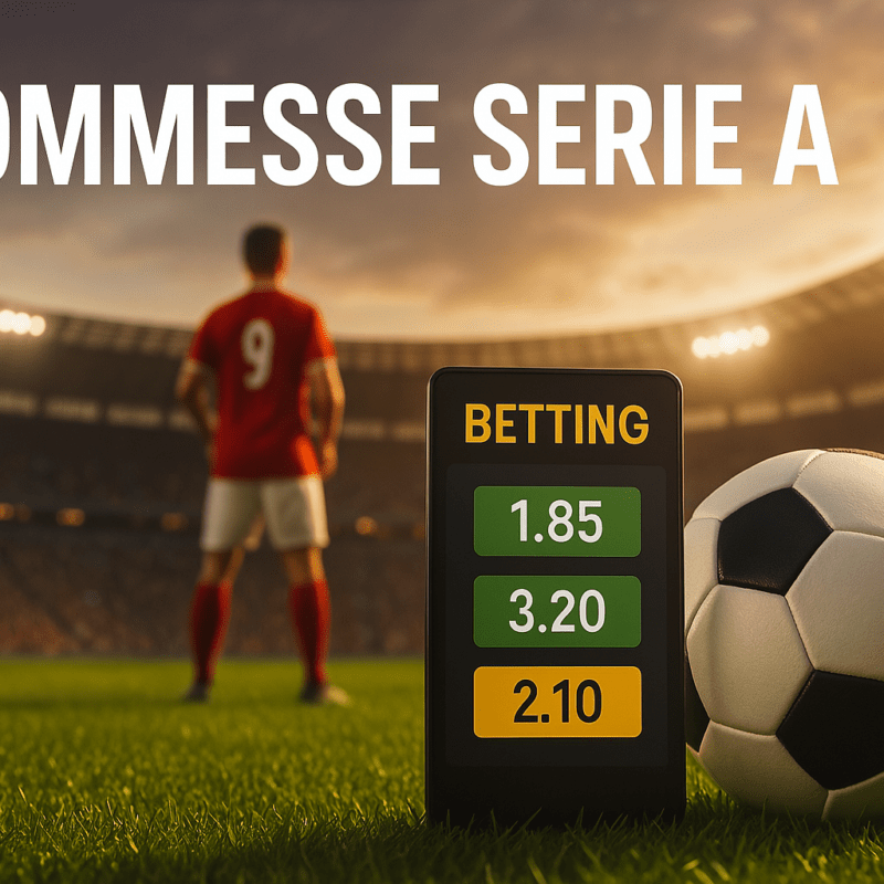 Scommesse Serie A – primo piano di un pallone da calcio accanto a uno schermo con quote scommesse, su un campo da calcio in uno stadio affollato al tramonto.