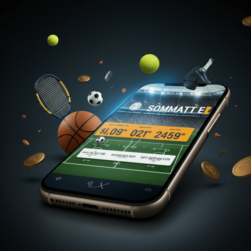 Smartphone che mostra un'app di scommesse sportive online, circondato da elementi sportivi come un pallone da calcio, una racchetta da tennis e un campo da basket sullo sfondo.