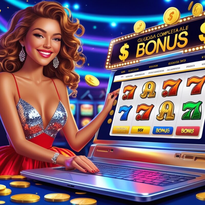 Donna sorridente in abito rosso e argento scintillante accanto a una slot machine con simboli "7" e "A" e scritta "BONUS". Monete d'oro sparse sul tavolo e uno sfondo di luci colorate creano un'atmosfera vivace e glamour da casinò. Gioca alle slot machines online