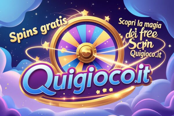 Spins gratis con la Ruota colorata di Quigioco.it con sezioni viola, blu e gialle, circondata da scintille e testo "Spins gratis" su uno sfondo di cielo magico con nuvole.