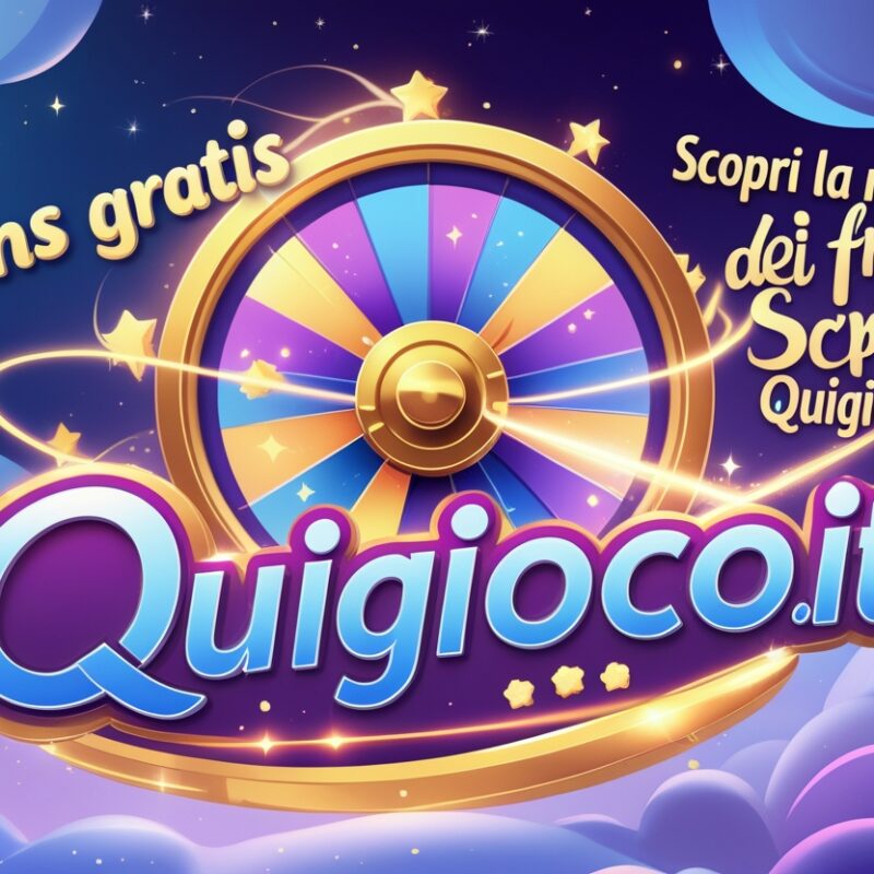 Spins gratis con la Ruota colorata di Quigioco.it con sezioni viola, blu e gialle, circondata da scintille e testo "Spins gratis" su uno sfondo di cielo magico con nuvole.