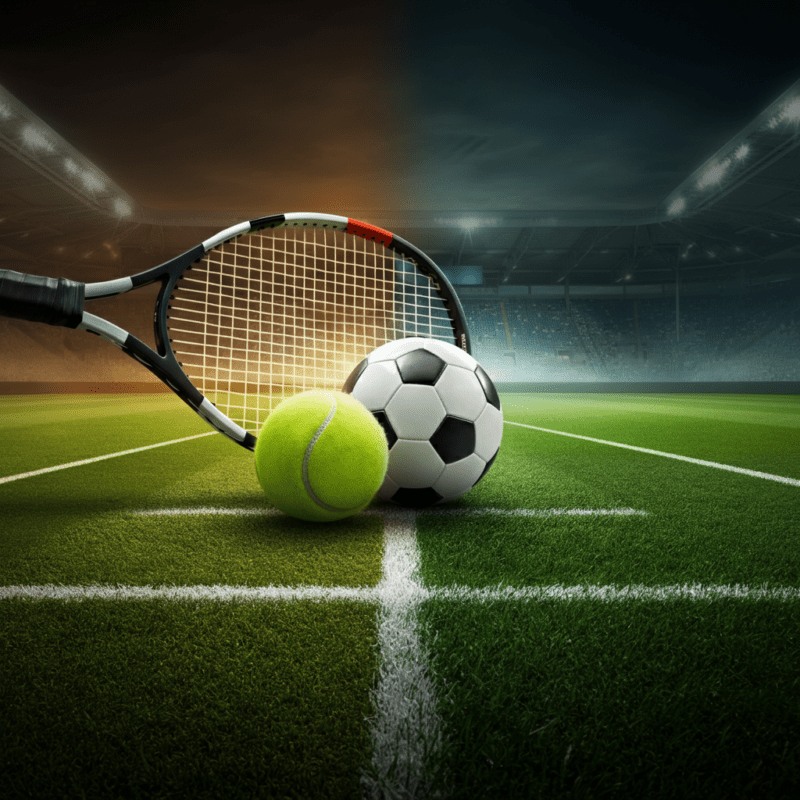 Campo da Tennis e calcio fusi con racchetta e pallone.