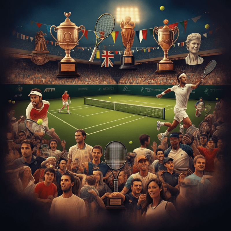 Un campo da tennis illuminato con una rete al centro e simboli che rappresentano i tornei ATP, ITF e Challenger, come trofei, racchette e palline da tennis. Sullo sfondo, un pubblico festante e bandiere di diversi paesi.
