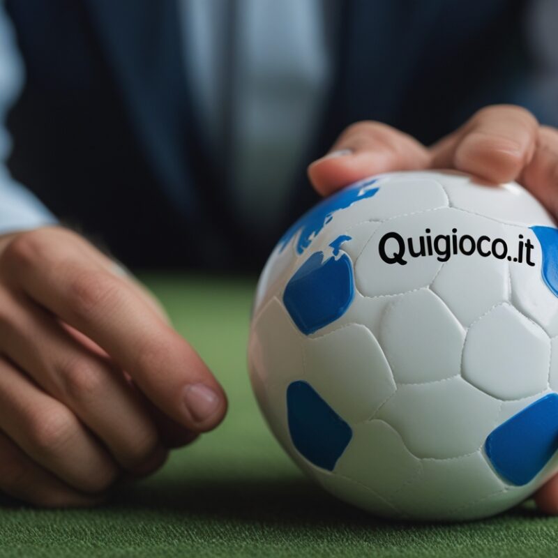Mani di tipster che tengono un piccolo pallone da calcio bianco con dettagli blu e il logo Quigioco.it, su una superficie verde.
