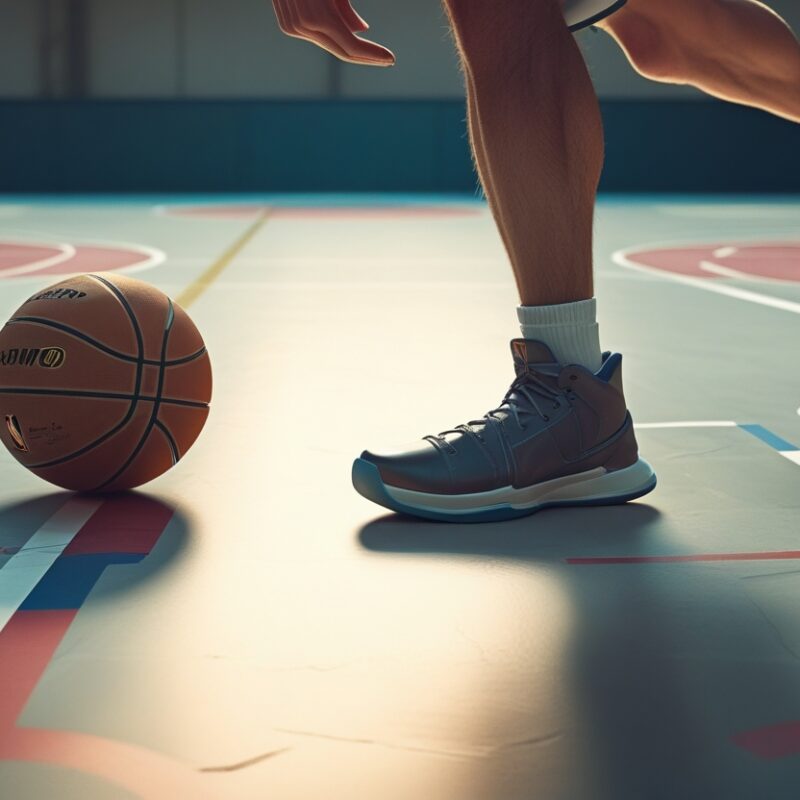 Giocatore su un campo da basket al coperto, pronto a realizzare una Tripla Doppia. La palla arancione è in primo piano, parquet lucido e linee di gioco ben visibili sullo sfondo.