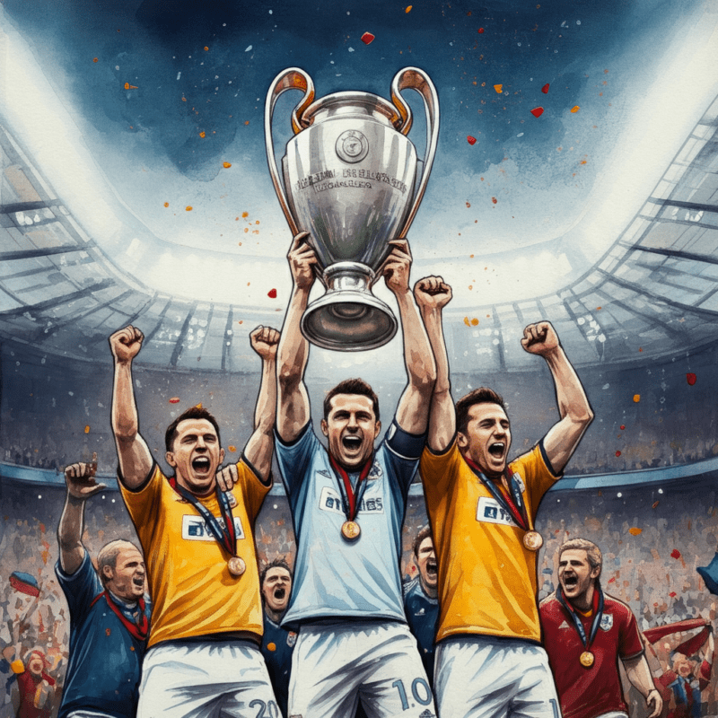 Squadra di calcio festeggia la vittoria di un triplete, alzando tre trofei dorati in uno stadio tra coriandoli colorati.