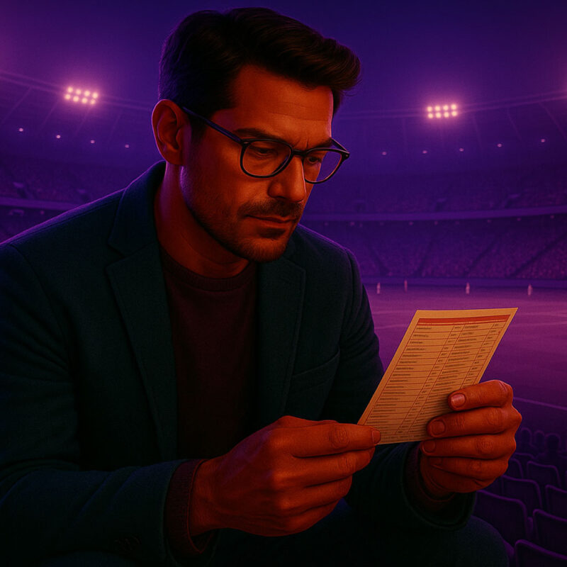 1X2 Uomo con occhiali e sciarpa che studia una schedina di scommesse durante una partita di calcio in uno stadio pieno e illuminato.