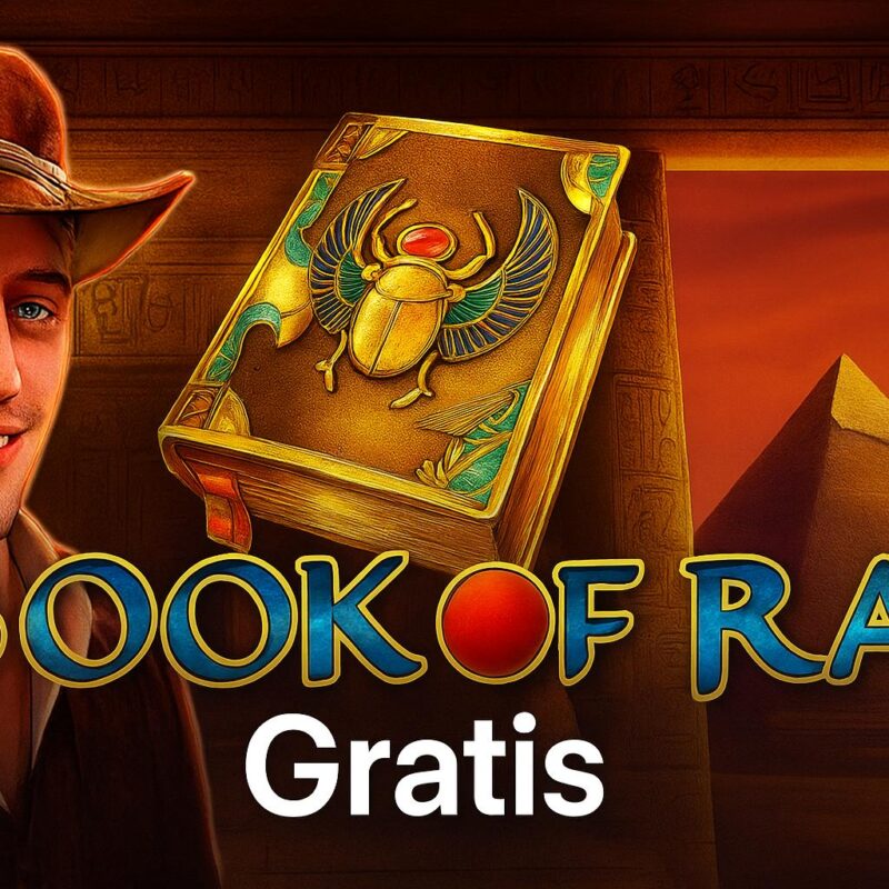 Banner promozionale della slot Book of Ra Gratis con un esploratore sorridente e sfondo egizio con piramide e colonne antiche.