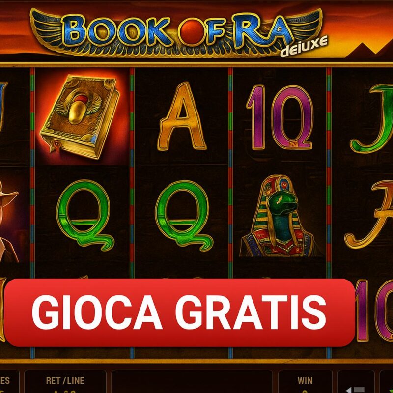Slot Book of Ra Deluxe con rulli visibili, simboli egiziani e pulsante rosso "Gioca Gratis"