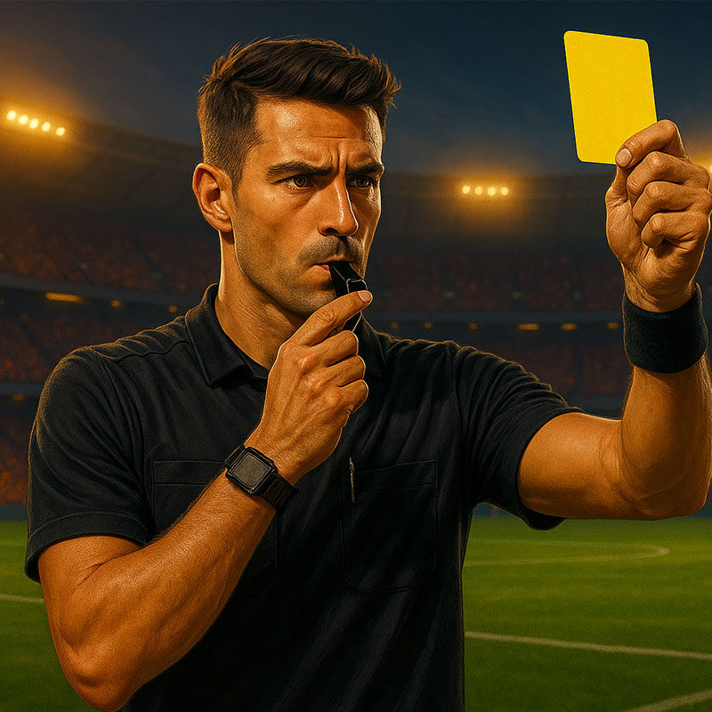 Cartellini Gialli e Rossi Scommesse Calcio Arbitro al centro di un campo da calcio che mostra un cartellino giallo con il fischietto in bocca, pronto a sanzionare un fallo durante una partita.