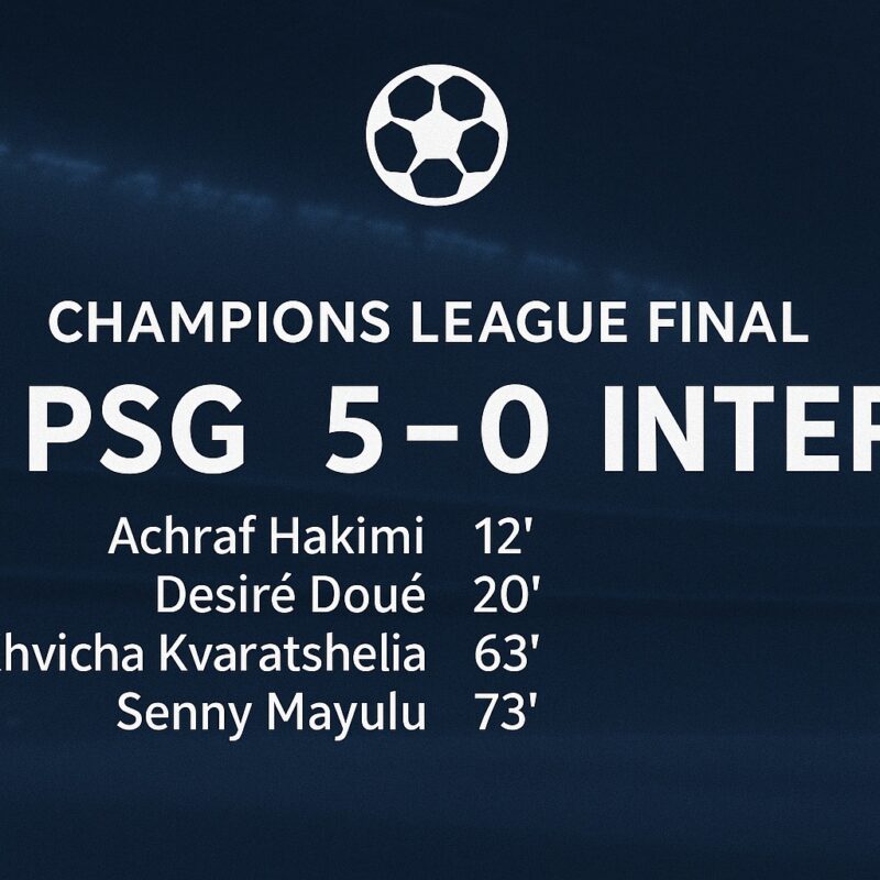 Grafico digitale del punteggio finale della Champions League 2025: PSG 5-0 Inter, con marcatori e minuti su sfondo blu scuro