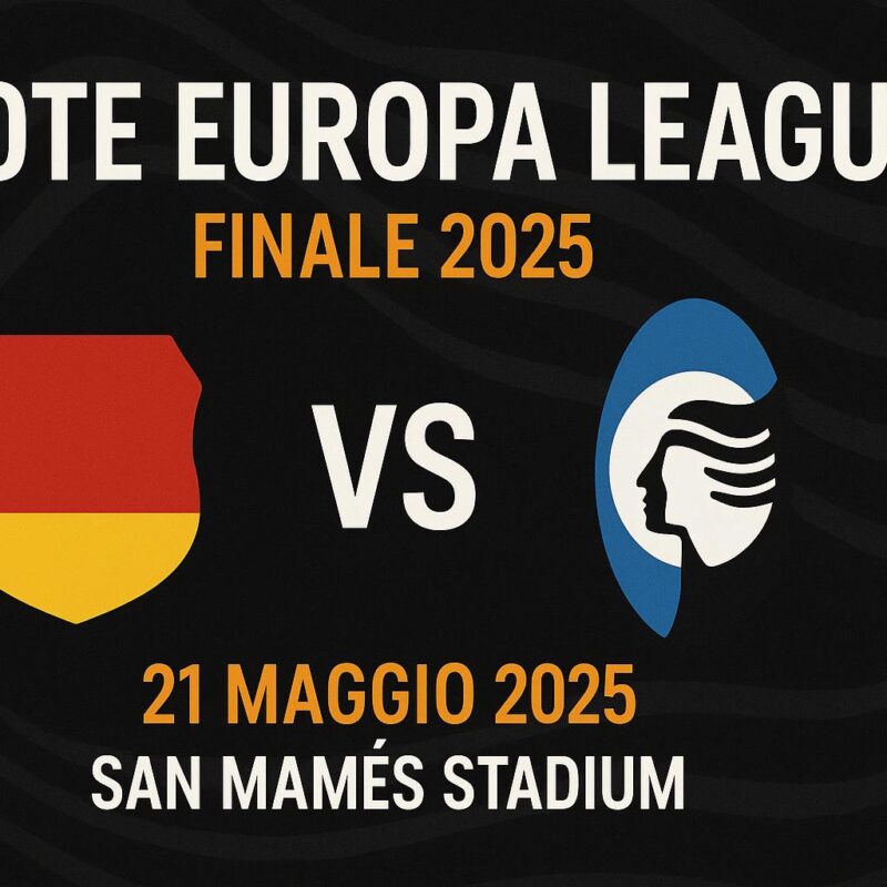 Grafica promozionale della finale di UEFA Europa League 2025 tra una squadra tedesca e una italiana, con loghi stilizzati non riconoscibili nei colori rosso-giallo e blu-bianco su sfondo scuro, testo in evidenza con data e luogo della partita