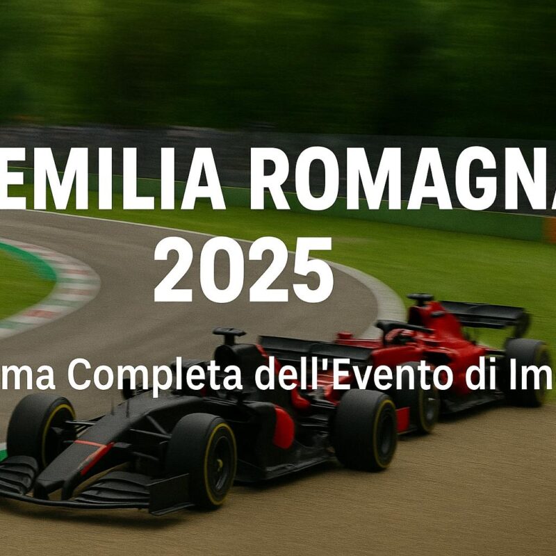 Grafica promozionale per il Gran Premio F1 Emilia Romagna 2025 a Imola con due auto da Formula 1 in azione e bandiera italiana.