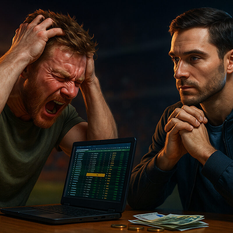 Due uomini davanti a un computer con schermata di scommesse: uno reagisce con frustrazione, l’altro resta calmo e riflessivo, simbolo della gestione emotiva nelle scommesse.