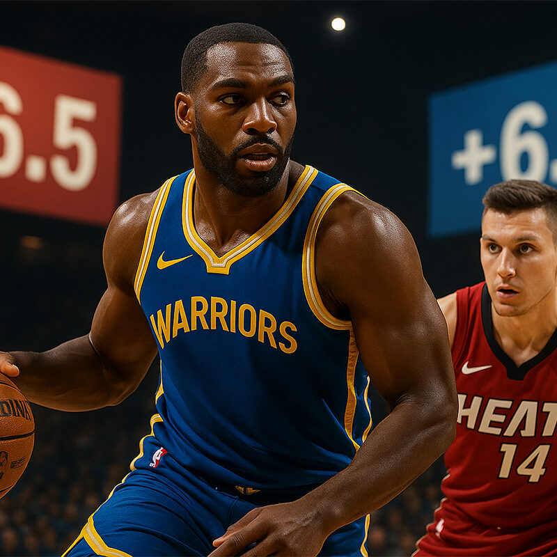 Giocatori NBA durante un'azione che illustra il concetto di handicap basket e spread tra Warriors e Heat, con punteggio -6.5 e +6.5 sullo sfondo.