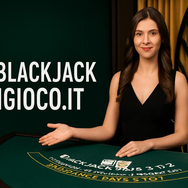 Croupier donna che presenta un tavolo da live blackjack su Quigioco.it, ambientazione elegante con sfondo verde e nero.