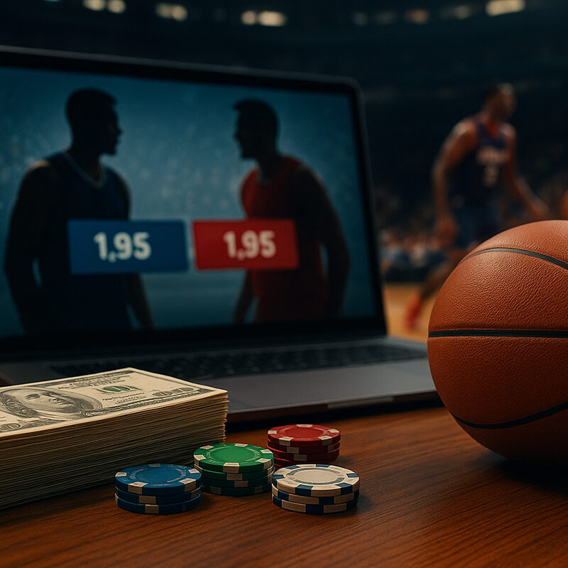 Illustrazione 3D realistica di una scena di scommesse sportive sul basket, con un pallone da basket, chip da poker, mazzetta di dollari e laptop che mostra quote Money Line durante una partita NBA.